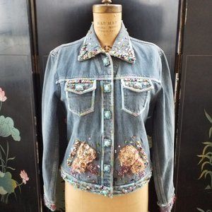 Vintage MARY FRANCES Beaded Embroidered Statement Jean Jacket, Size Small